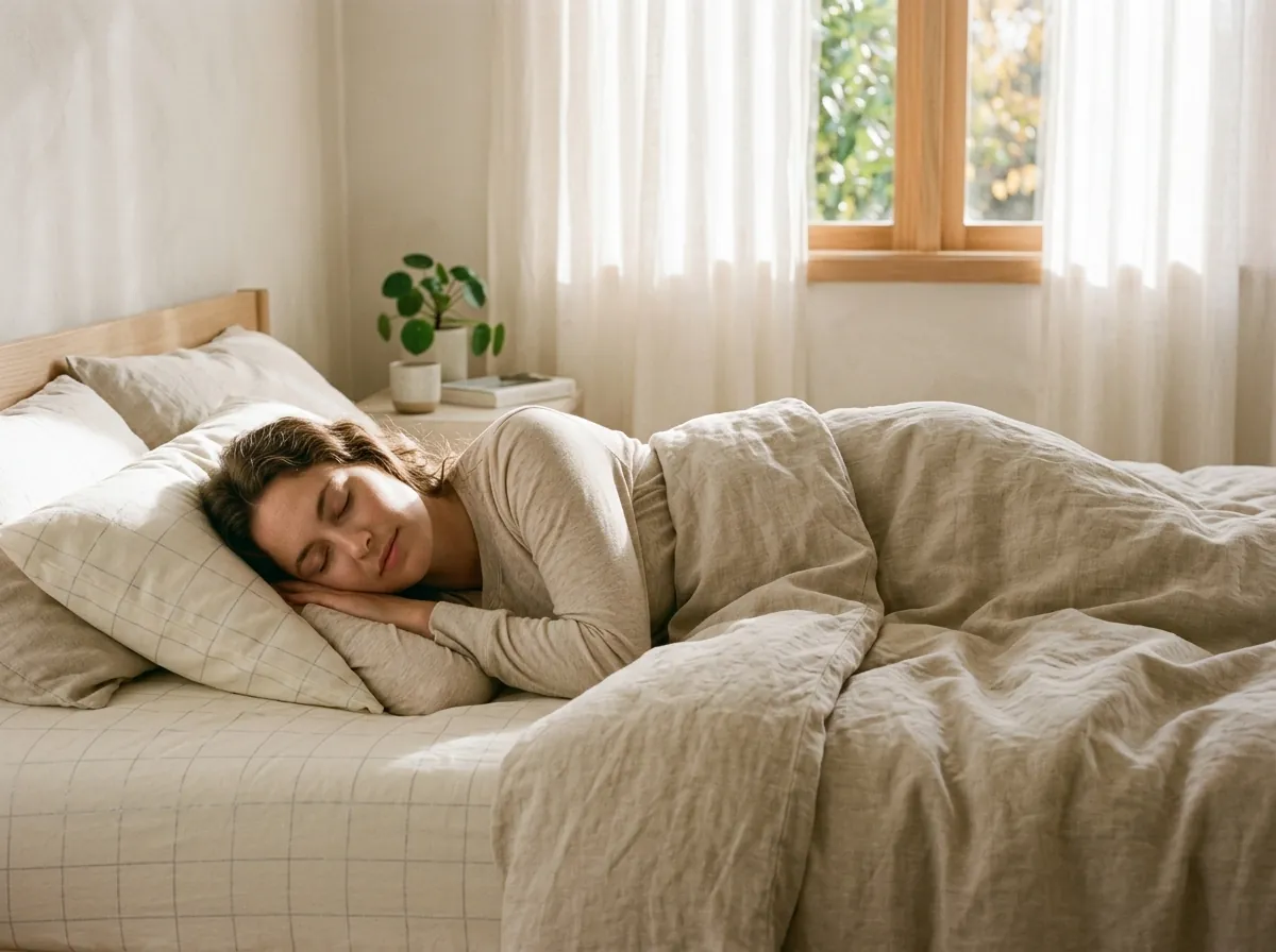 Person sleeping peacefully on ivory grounded bed sheets in soft morning light
