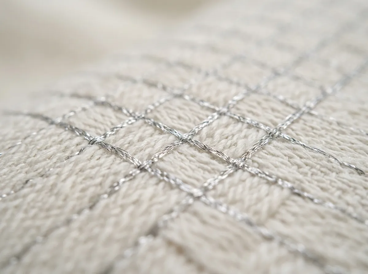 Macro photograph of Velin Grounding Bed Sheet showing 400 thread count organic cotton weave and interwoven silver fibers