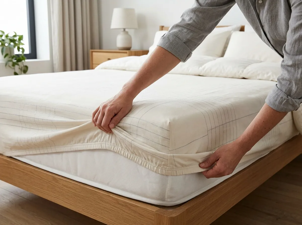 Fitting the elastic corner of the ivory grounding sheet smoothly over mattress corner