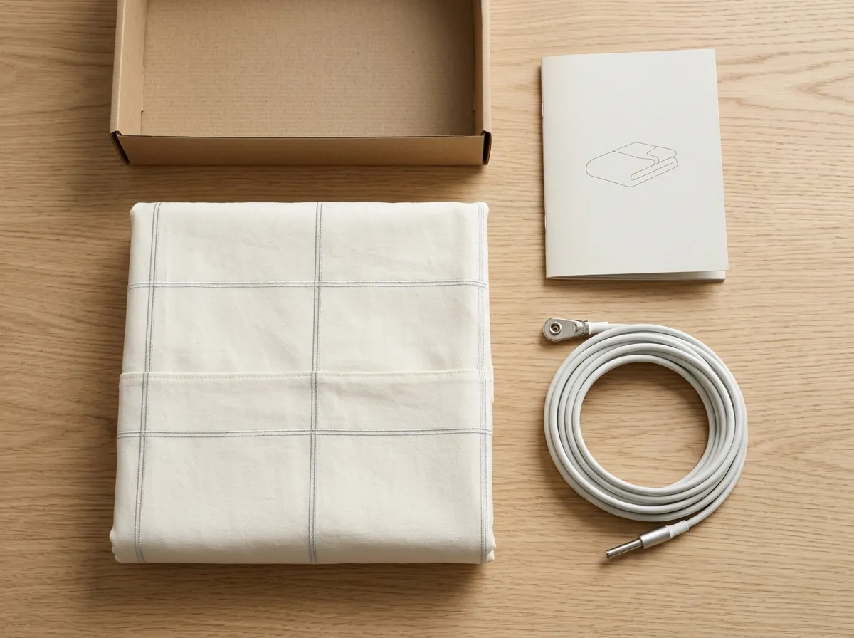 What is included inside the Velin Grounding Bed Sheets package: fitted sheet, 15ft grounding cable, user manual, and box